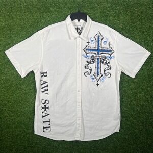 Raw State Mens XXL White Y2K Graphic Cross Wings Short Sleeve Button Down Shirt